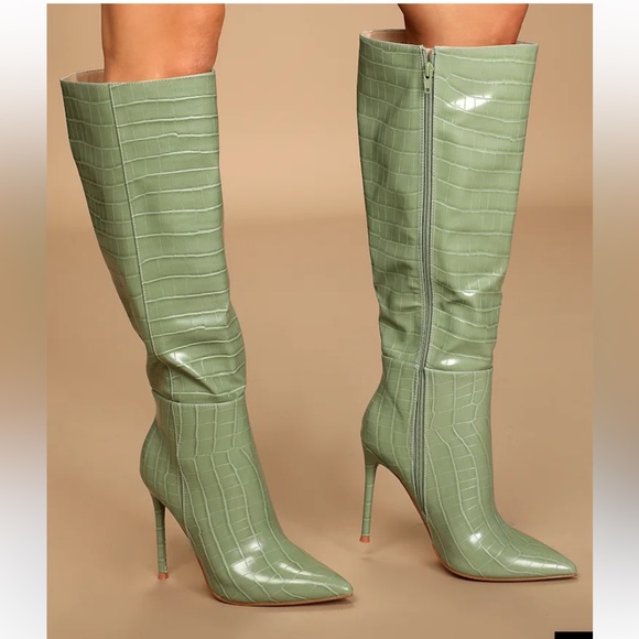 Zezilia Mint Crocodile-Embossed Pointed-Toe Knee-High Boots - Picture 2 of 2